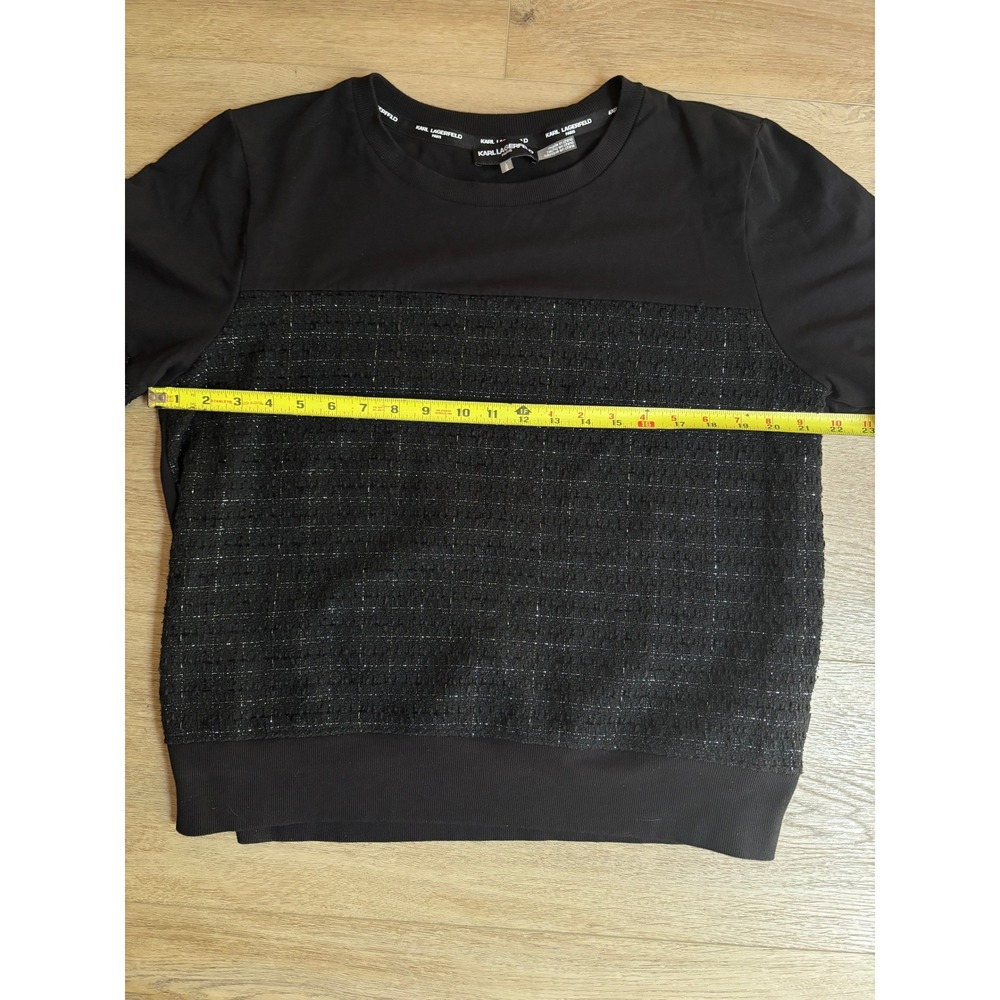Karl Lagerfeld Paris Womens Black Mixed Media Tweed Sweatshirt Metallic Logo L - Picture 8 of 9